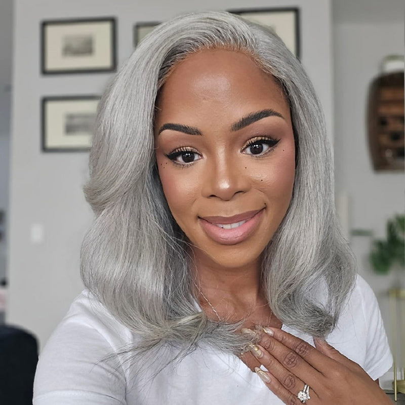 Soul lady wigs | Fashion Silver Gray Wig For Seniors Body Wave Human Hair 5x5 HD Lace Salt And Pepper Wigs For Older Women marshanadahlia