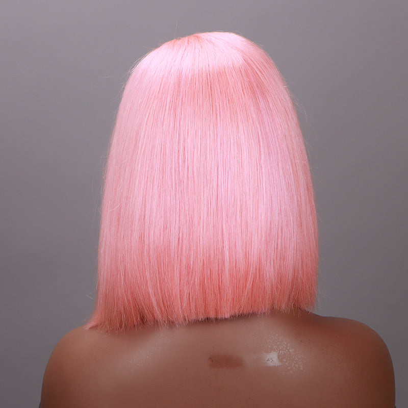 Soul Lady Light Pink Bob 5x5 HD Lace Closure Wigs Silky Straight Human Hair C-Part Lob Wig-back