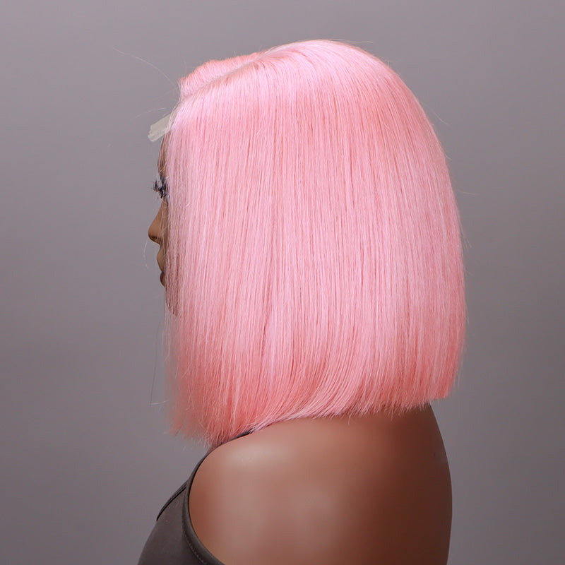 Soul Lady Light Pink Bob 5x5 HD Lace Closure Wigs Silky Straight Human Hair C-Part Lob Wig
