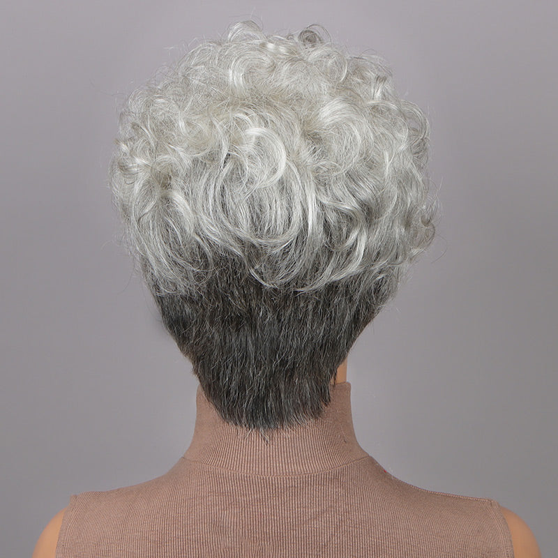 Silver Grey Human Hair Wigs Seniors Short Curly Pixie Cut  display picture 1