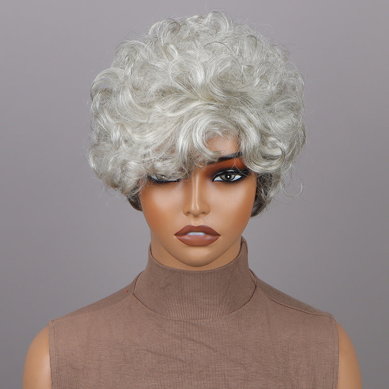 Seniors Short Curly Silver Layered Pixie Cut Wig Salt And Pepper Human Hair Glueless Wigs