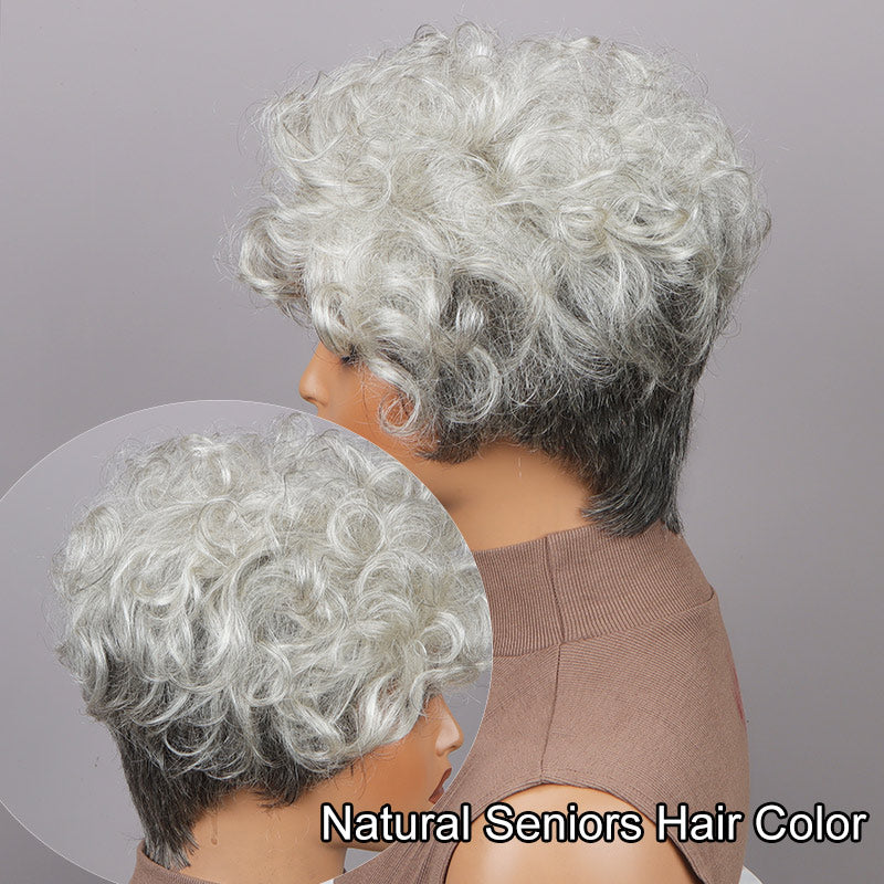 Seniors Short Curly Silver Layered Pixie Cut Wig Salt And Pepper Human Hair Glueless Wigs-side show