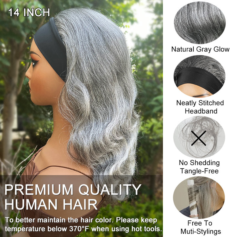 Soul Lady standard Salt And Pepper Wigs Gray Body Wave Headband Human Hair Wigs For Seniors, real wear to go glueless wigs for older women