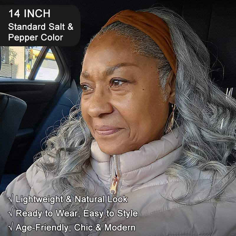 Soul Lady Salt And Pepper Wigs Gray Body Wave Headband Human Hair Wigs For Seniors, real wear to go glueless wigs for older women, model in the car