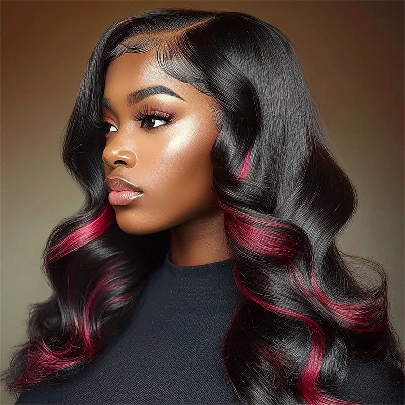 Soul Lady Magenta Red Pink Peekaboo Balayage Highlight Wig Long Body Wave Human Hair Glueless 6x4 Pre Cut Pre Bleached Lace Wig