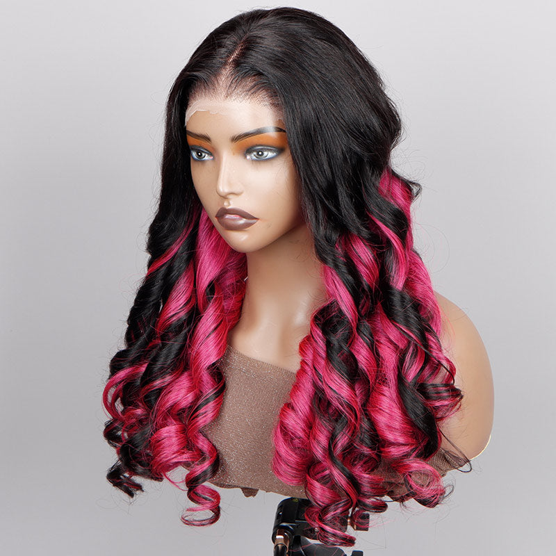 Soul Lady Magenta Red Peekaboo Balayage Highlight Wig Long Loose Wave Human Hair Glueless 6x4 Pre Cut Pre Bleached Lace Wig-side look