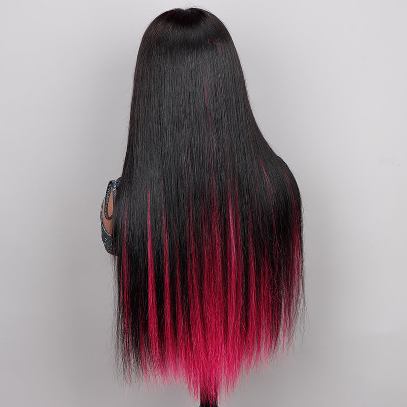 Soul Lady Magenta Red Peekaboo Highlight Wig Long Straight Human Hair Glueless 6x4 Pre Cut Lace Wig-side back show