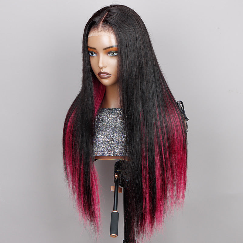 Soul Lady Magenta Red Peekaboo Highlight Wig Long Straight Human Hair Glueless 6x4 Pre Cut Lace Wig-side front show