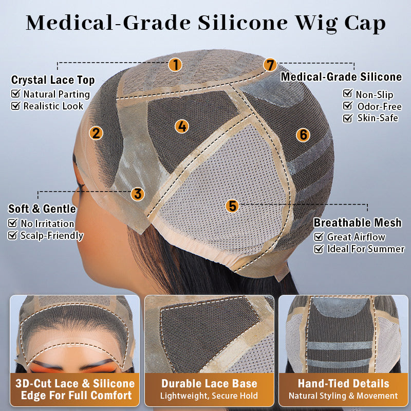 Soul Lady Glueless Medical Wig For Hair Loss Silk Top Full Lace Straight Human Hair Wigs Medium Salt & Pepper Gray Color-cap details show