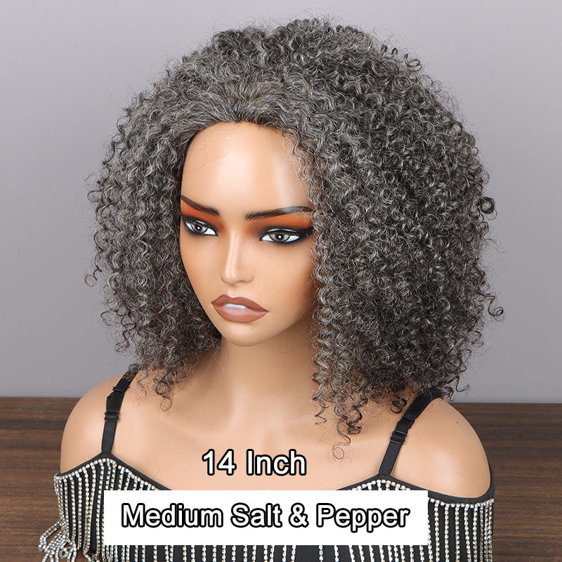Medium Salt And Pepper Afro Curly Human Hair 3 In 1 Half Wig Ready To Go Wig For Older Women-model show-14 inch