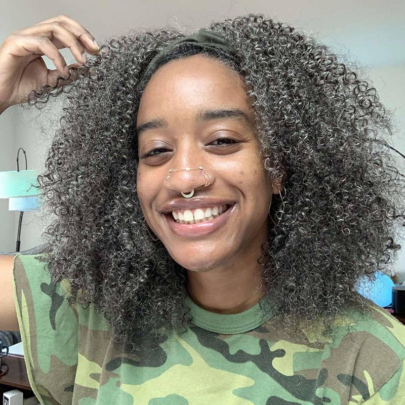 Medium Salt And Pepper Afro Curly Human Hair 3 In 1 Half Wig Ready To Go Wig For Older Women-model show
