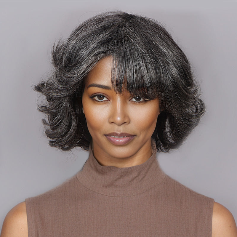 Trendy Medium Salt and Pepper Natural Wavy Bob Wear Go Glueless Human Hair Wigs With Bangs For Women Over 50