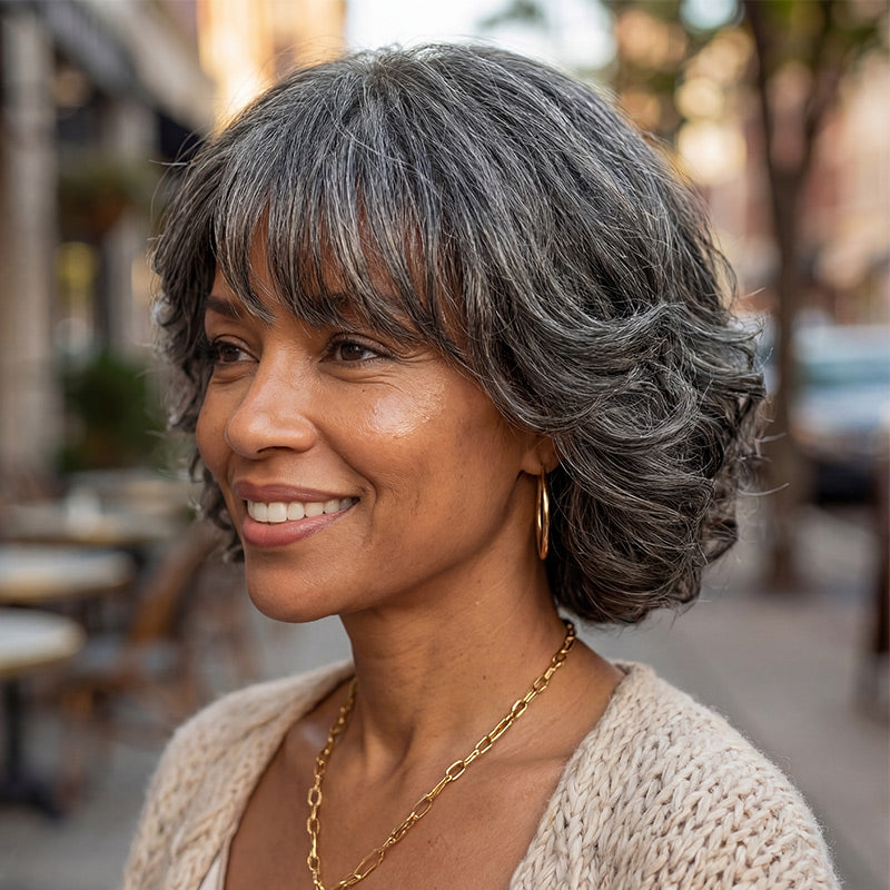 Medium Salt and Pepper Wear Go Human Hair Wigs with Bangs  display picture 1