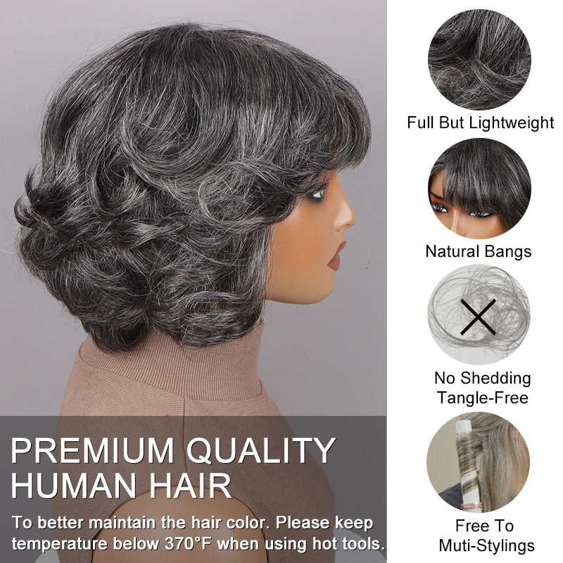 Medium Salt and Pepper Wear Go Human Hair Wigs with Bangs  display picture 3