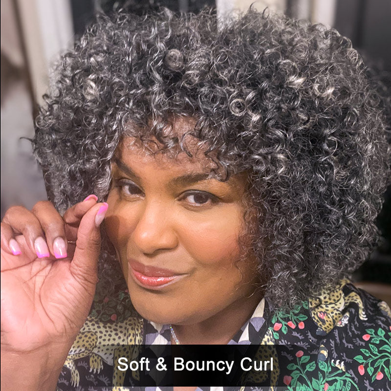 US DOMESTIC SHIPPING | Medium Salt And Pepper Gray Curly Bob Wig With Bangs Glueless Wear & Go Human Hair Wigs- soul lady wigs for black mature women - model NatMcRich-Style-full volume