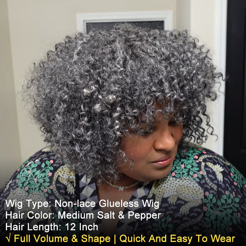 US DOMESTIC SHIPPING | Medium Salt And Pepper Gray Curly Bob Wig With Bangs Glueless Wear & Go Human Hair Wigs- soul lady wigs for black mature women - model NatMcRich-Style-full volume
