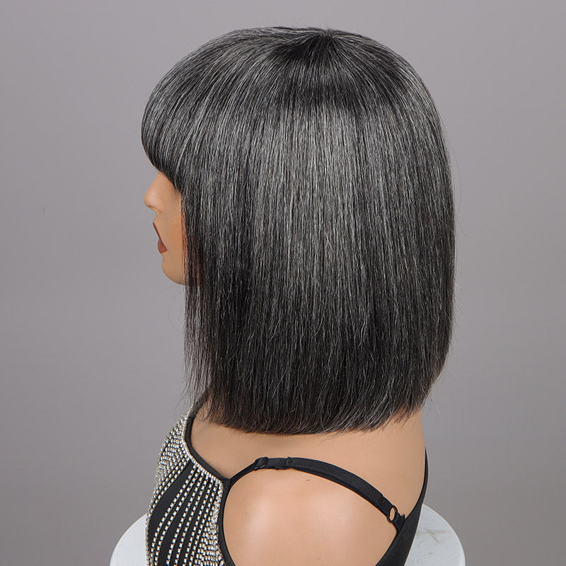 Chic Medium Salt & Pepper Straight Bob Wig With Bangs Real Glueless Human Hair Wigs For Older Women-side show