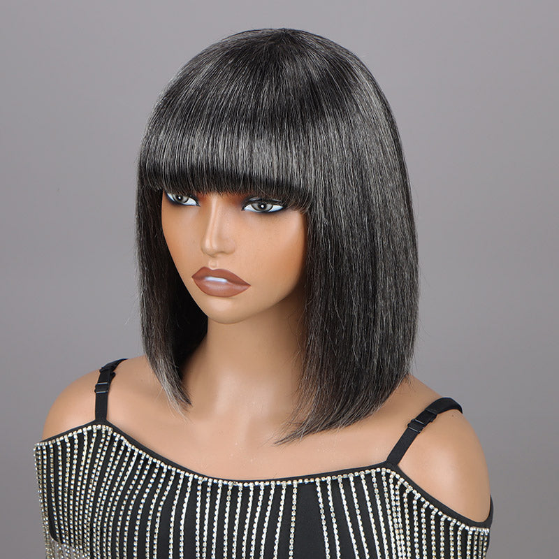 Chic Medium Salt & Pepper Straight Bob Wig With Bangs Real Glueless Human Hair Wigs For Older Women