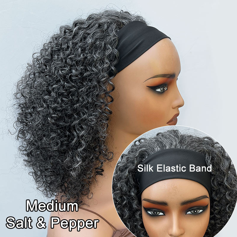 Dark Salt & Pepper Kinky Curly 100% Human Hair Headband Wig For Black Women Dark Sliver Grey-soul lady grey wigs-side show