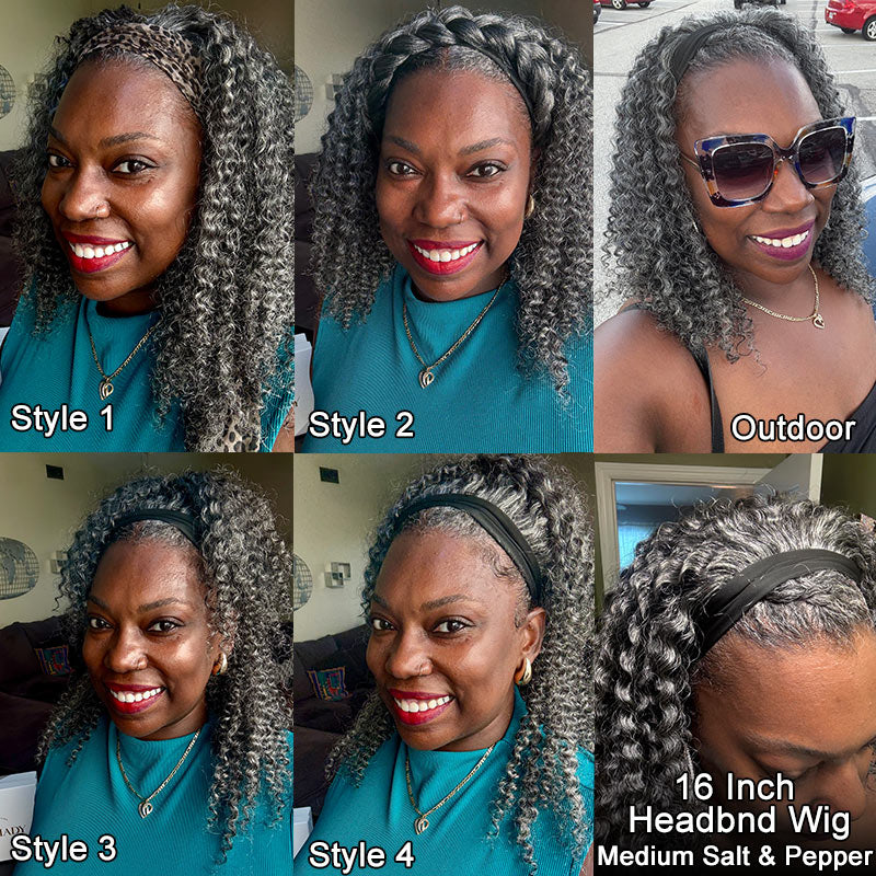 Soul lady gray wigs | Medium Salt & Pepper Kinky Curly Human Hair Headband Wig For Black Women- easy to ear and go wig, glueless wig for older women and mature women