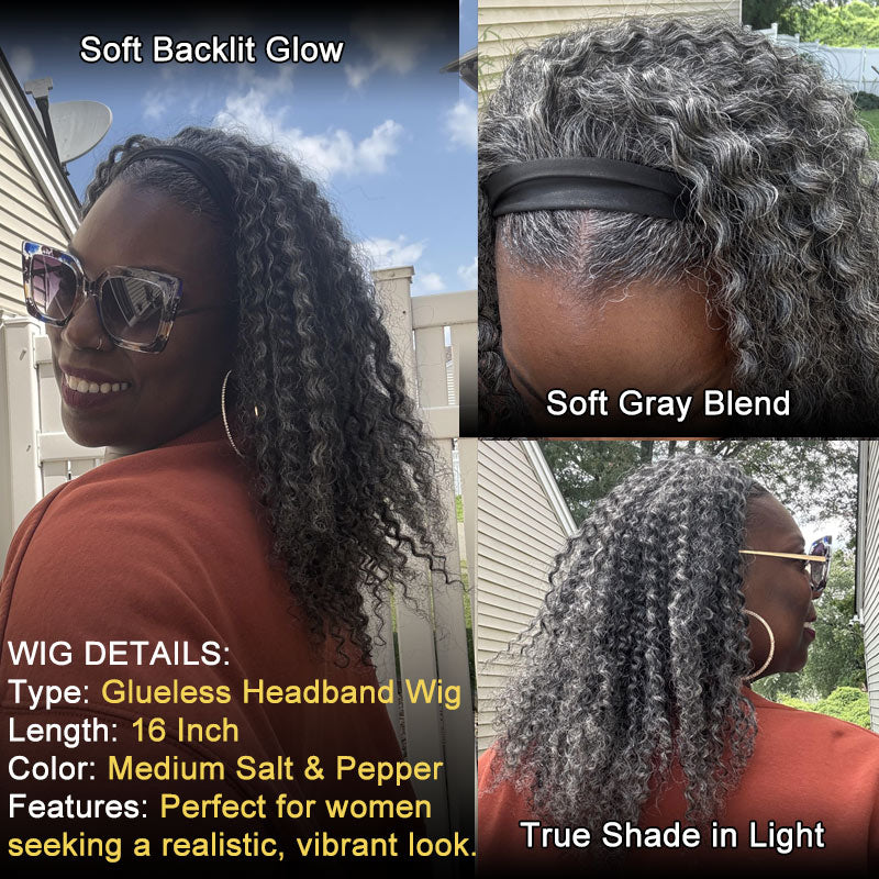 Soul lady gray wigs | Medium Salt & Pepper Kinky Curly Human Hair Headband Wig For Black Women- easy to ear and go wig, glueless wig for older women and mature women- different color lights show