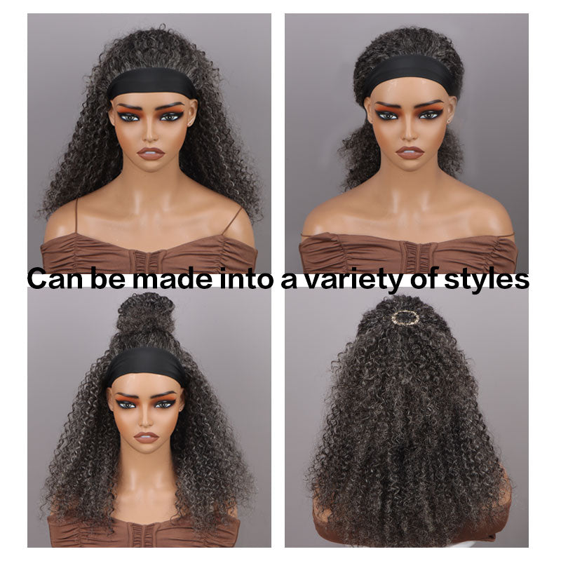 Medium Salt & Pepper Kinky Curly 100% Human Hair Headband Wig For Black Women Dark Sliver Grey-model show