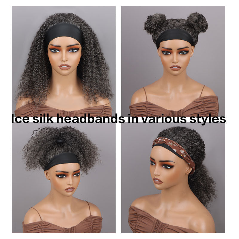 Medium Salt & Pepper Kinky Curly 100% Human Hair Headband Wig For Black Women Dark Sliver Grey-model show