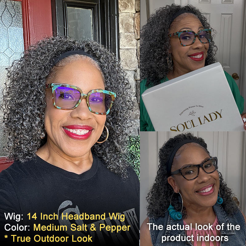 Soul lady gray wigs | Medium Salt & Pepper Kinky Curly Human Hair Headband Wig For Black Women- model real life with chelle-style show
