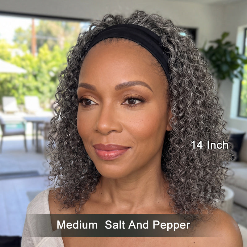 Soul lady gray wigs | Medium Salt & Pepper Kinky Curly Human Hair Headband Wig For Black Women- model ， glueless wear to go wig for mom