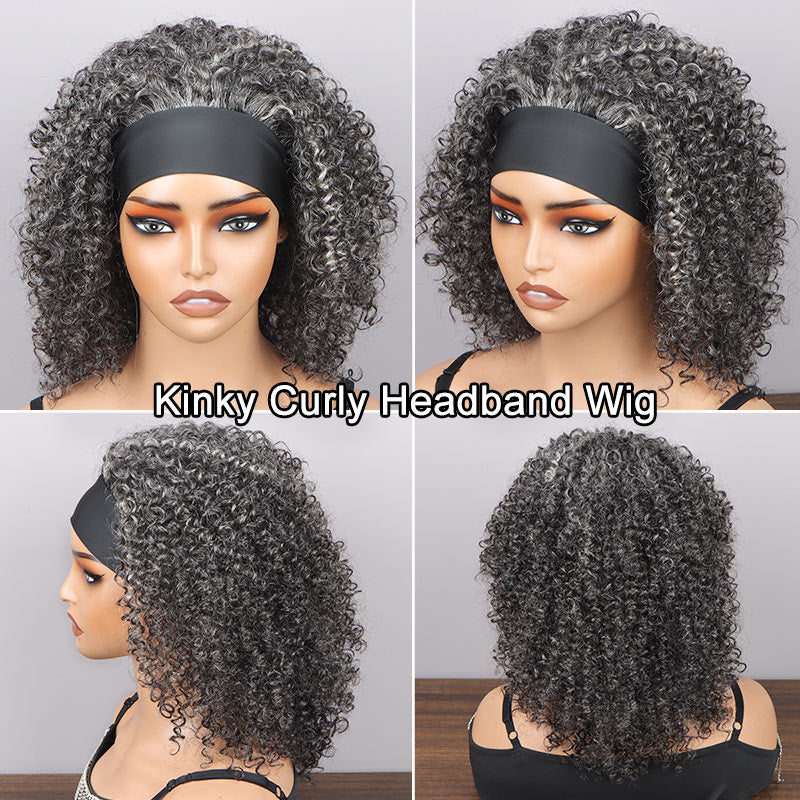 Medium Salt & Pepper Kinky Curly 100% Human Hair Headband Wig For Black Women Dark Sliver Grey