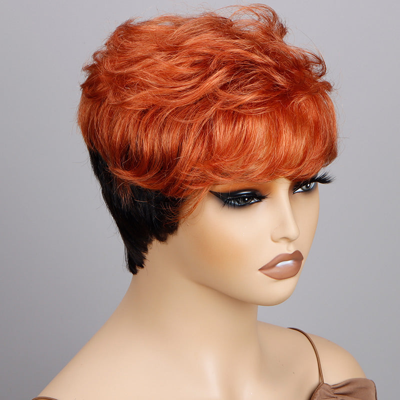 Soul Lady Two-Toned Edgy Pixie Haircut With Orange Layers Natural Wave Human Hair WearGo Glueless Non-Lace Wig
