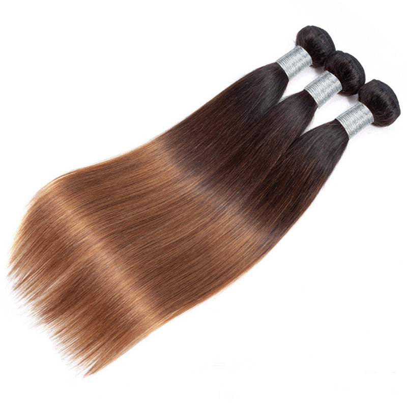 Flash Sale|Ombre Brown Straight Hair Bundles With Frontal Closure Brazilian Virgin Remy Human Hair 3 Tone T1B/4/30 Color-3 bundles