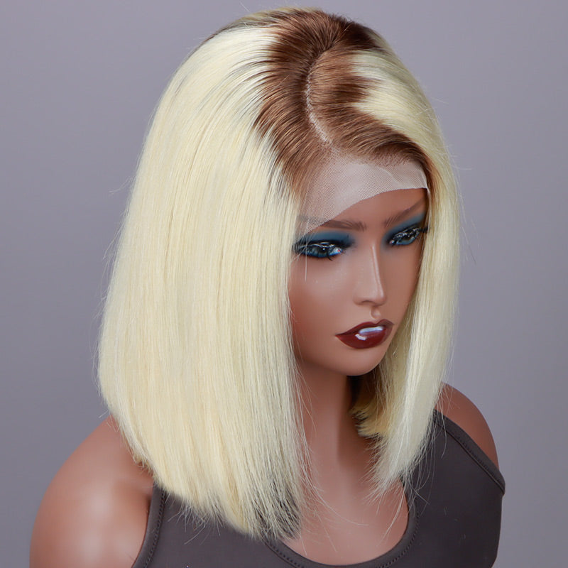 Soul Lady Ombre Bob Babbie Blonde With Brown Roots Silky Straight Hair 13x4 HD Lace Full Frontal Wig With Perfect Bleached Knots-side show
