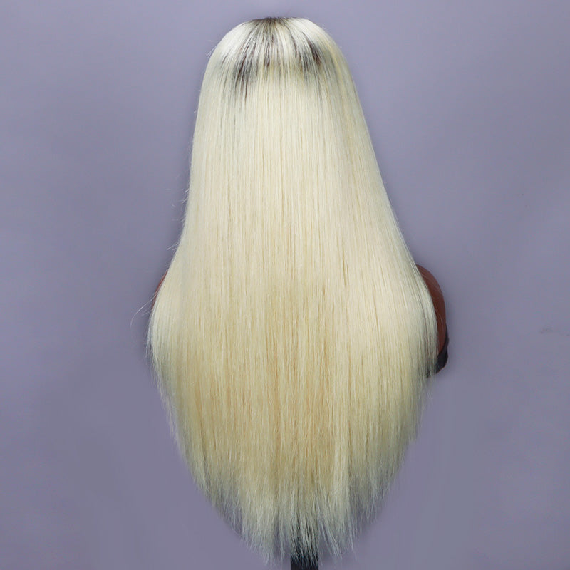 Soul Lady Ombre Blonde With Brown Roots Silky Straight 13x4 HD Lace Full Frontal Wig With Perfect Bleached Knots-back show
