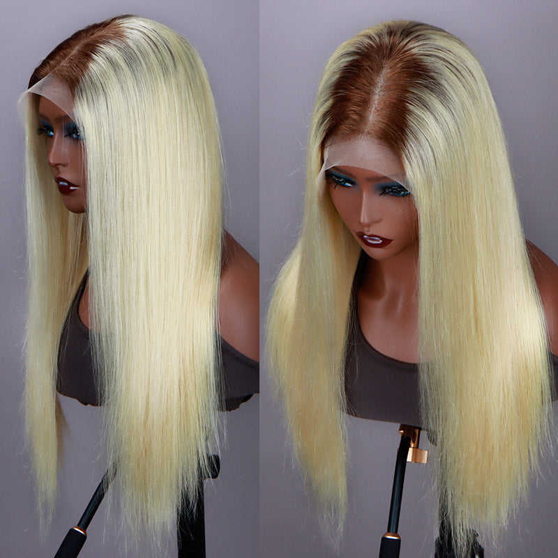 Soul Lady Ombre Blonde With Brown Roots Silky Straight 13x4 HD Lace Full Frontal Wig With Perfect Bleached Knots-side show