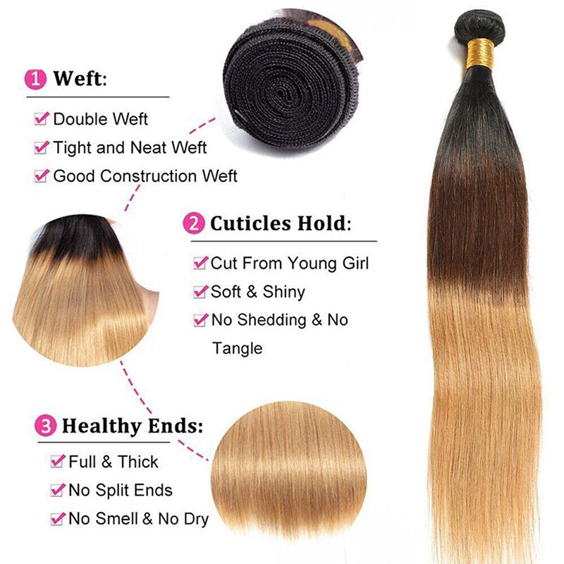 12A Ombre Straight Hair Bundles With Closure Brazilian Virgin Remy Human Hair 3 Tone T1B/4/27 Color-hair bundles