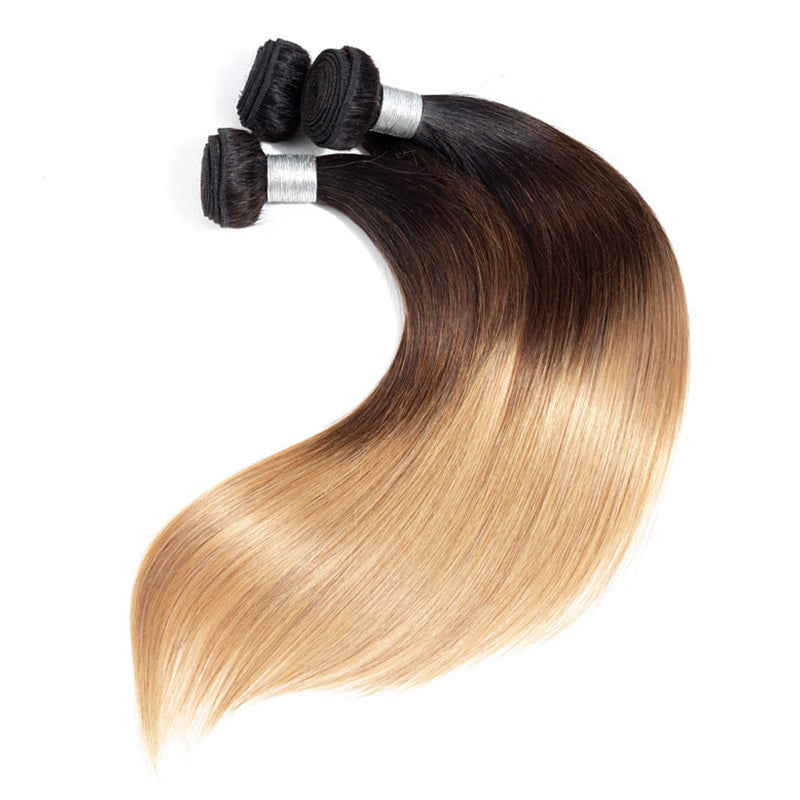 12A Ombre Straight Hair Bundles With Closure Brazilian Virgin Remy Human Hair 3 Tone T1B/4/27 Color-hair bulk