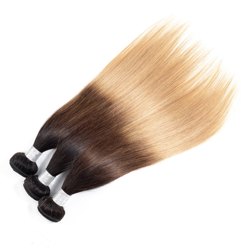 12A Ombre Straight Hair Bundles With Closure Brazilian Virgin Remy Human Hair 3 Tone T1B/4/27 Color-3 pcs hair