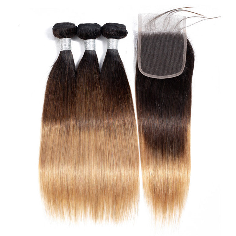 12A Ombre Straight Hair Bundles With Closure Brazilian Virgin Remy Human Hair 3 Tone T1B/4/27 Color-bundles with closure