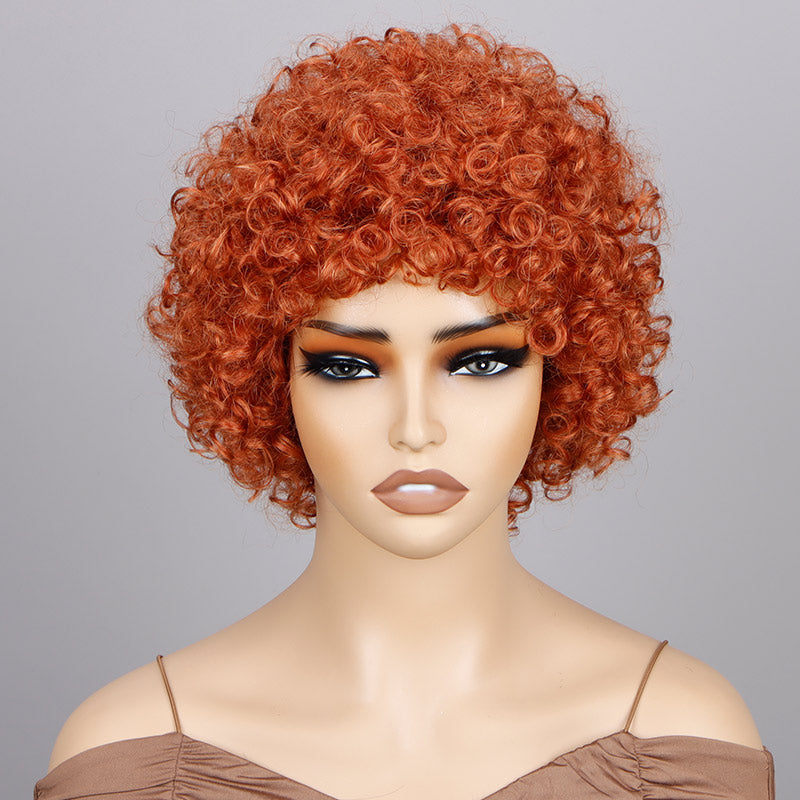 Soul Lady Short Bouncy Curly Orange Wig With Bangs For Women Real Human Hair Glueless Wear And Go Wigs