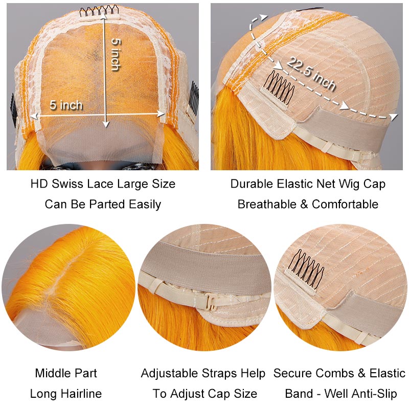Soul Lady Vibrant Orange Bob Silky Straight Human Hair Middle Part 5x5 HD Lace Lob Wigs-cap details