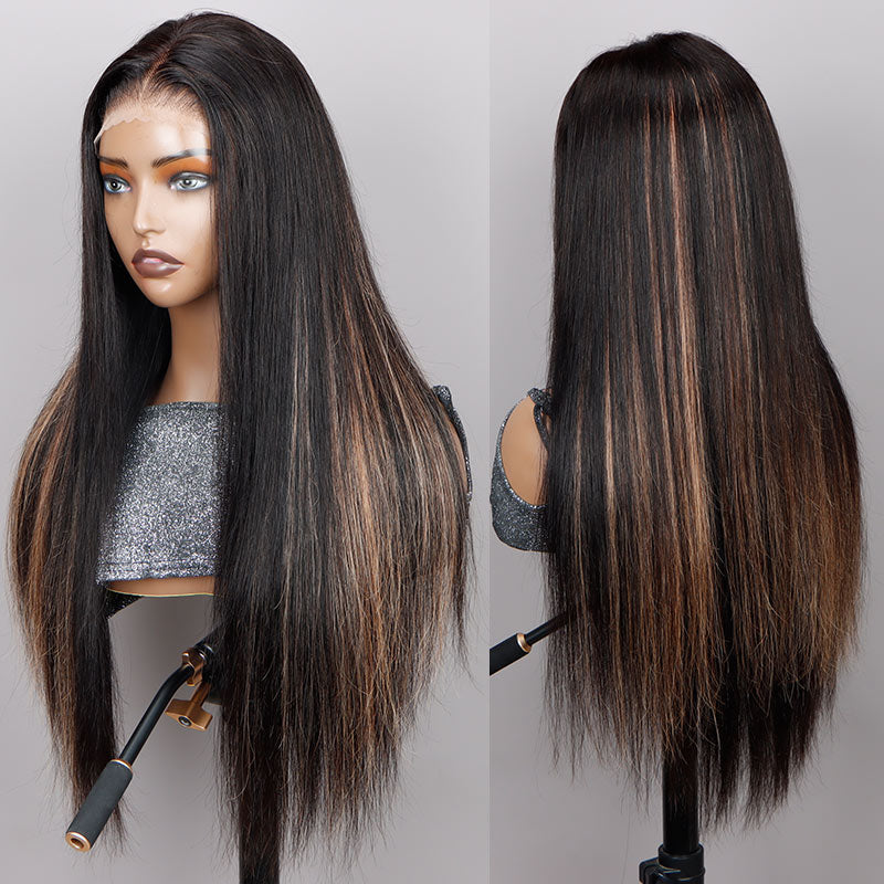 Soul Lady Orange Pink Peekaboo Highlight Wig Long Straight Hair Glueless 6x4 Pre Cut Pre Bleached Lace Wig-side look