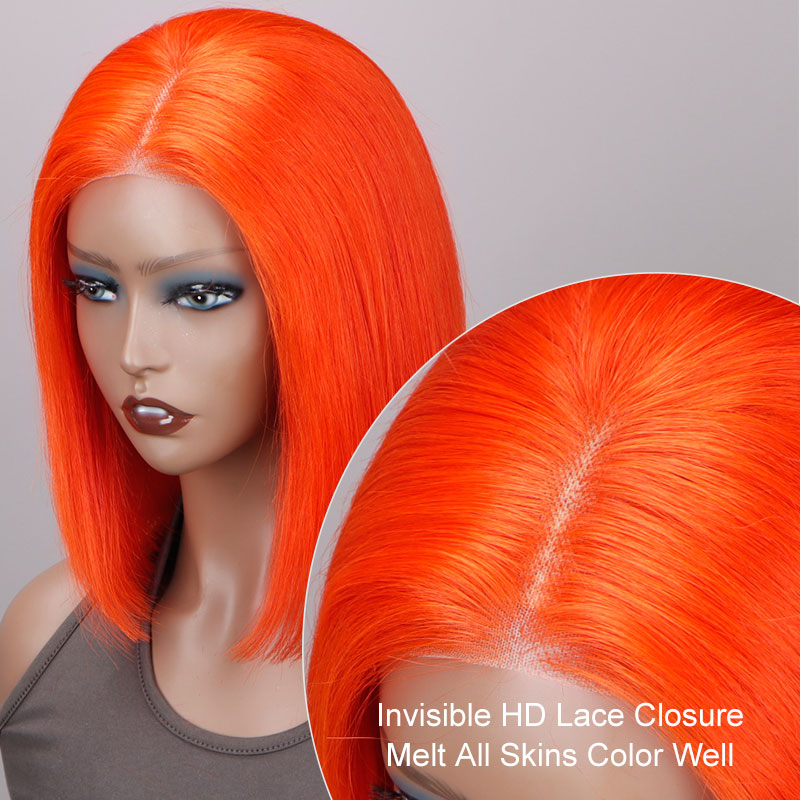 Soul Lady Orange Red Bob Silky Straight Human Hair 5x5 HD Lace Closure Wigs Middle Part Lob-hairline