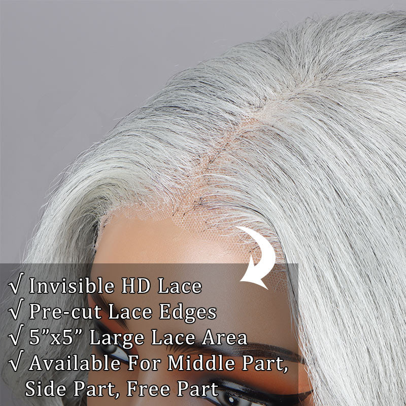 Seniors Pale Gray Wig Real Human Hair Light Salt And Pepper Loose Wavy 5x5 HD Lace Wigs For Older Women-lace show