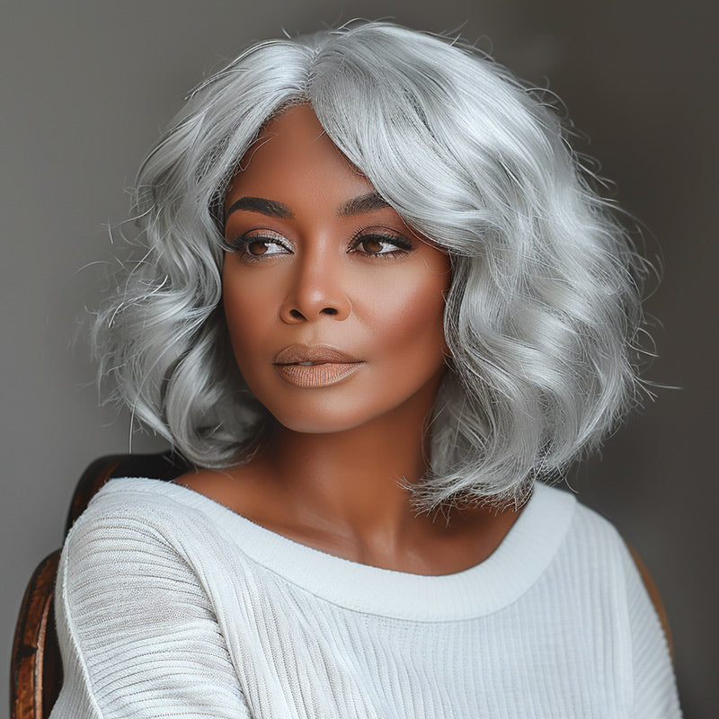 Seniors Pale Gray Wig Real Human Hair Light Salt And Pepper Loose Wavy 5x5 HD Lace Wigs For Older Women-model show