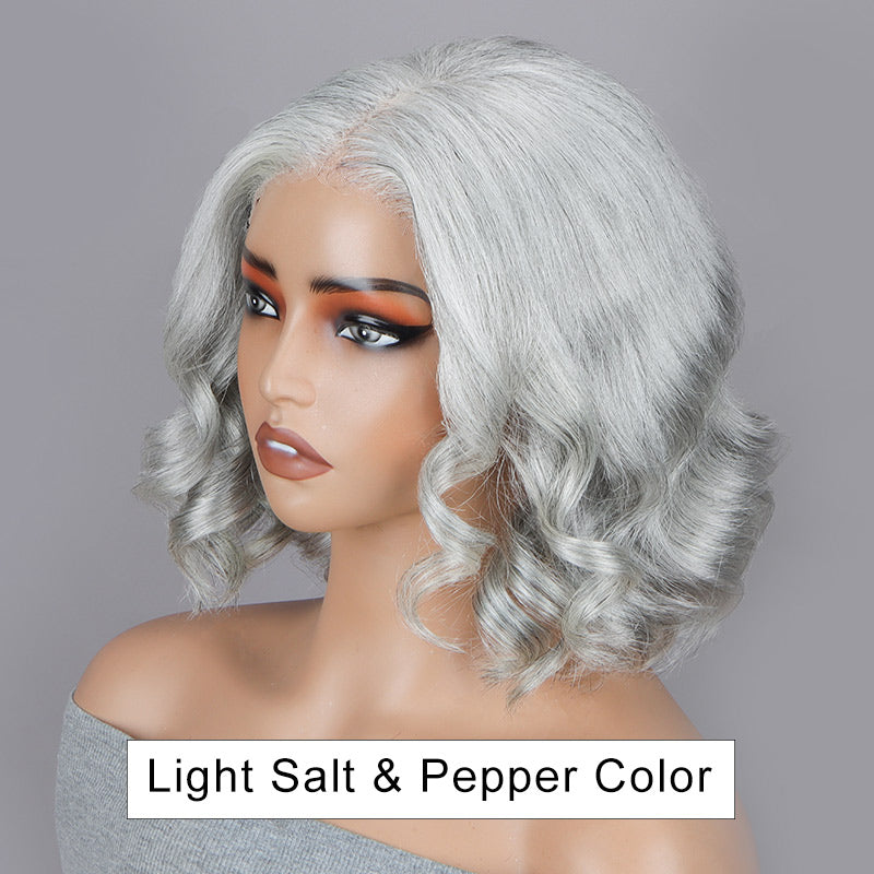 Seniors Pale Gray Wig Real Human Hair Light Salt And Pepper Loose Wavy 5x5 HD Lace Wigs For Older Women-side show