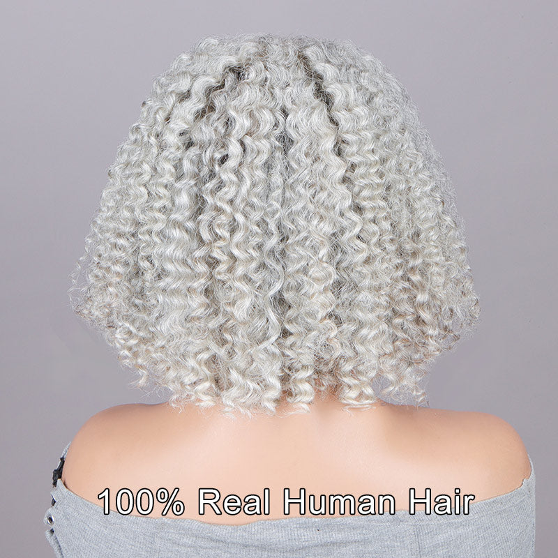 Seniors Pale Grey Wig Light Salt And Pepper Jerry Curly Bob Real Human Hair 5x5 HD Lace Wigs For Older Women-back show