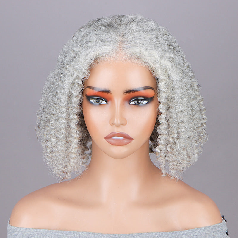 Seniors Pale Grey Wig Light Salt And Pepper Jerry Curly Bob Real Human Hair 5x5 HD Lace Wigs For Older Women-front show