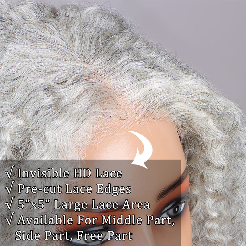 Seniors Pale Grey Wig Light Salt And Pepper Jerry Curly Bob Real Human Hair 5x5 HD Lace Wigs For Older Women-lace part show