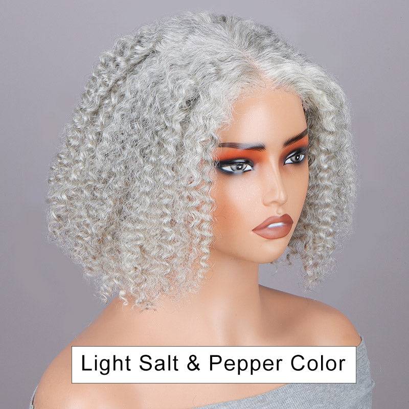 Seniors Pale Grey Wig Light Salt And Pepper Jerry Curly Bob Real Human Hair 5x5 HD Lace Wigs For Older Women-side show